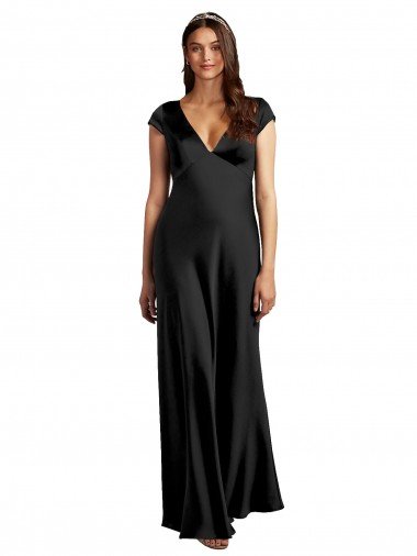 Shop Plunging V-Neck Cap Cleeves Long Formal Stretch Satin Bridesmaid Dress / Prom Dress with Keyhole Back Sydney