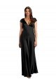 Plunging V-Neck Cap Cleeves Long Formal Stretch Satin Bridesmaid Dress / Prom Dress with Keyhole Back