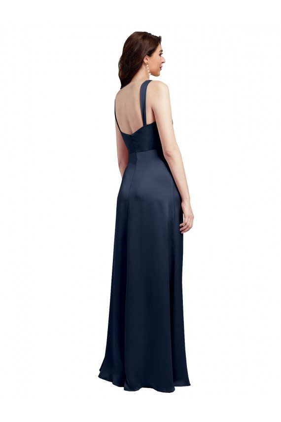 Cowl Neck Soft Long Formal Stretch Satin Bridesmaid Dress / Prom Dress with Side Slit and Pleated Straps