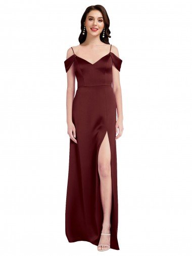 Shop Draped Off the Shoulder Sleeves Slim A-Line Formal Stretch Satin Bridesmaid Dress / Prom Dress with Side Slit Sydney