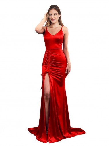 Shop Long Pleated Formal Stretch Satin Bridesmaid Dress / Prom Dress with High Slit Sydney