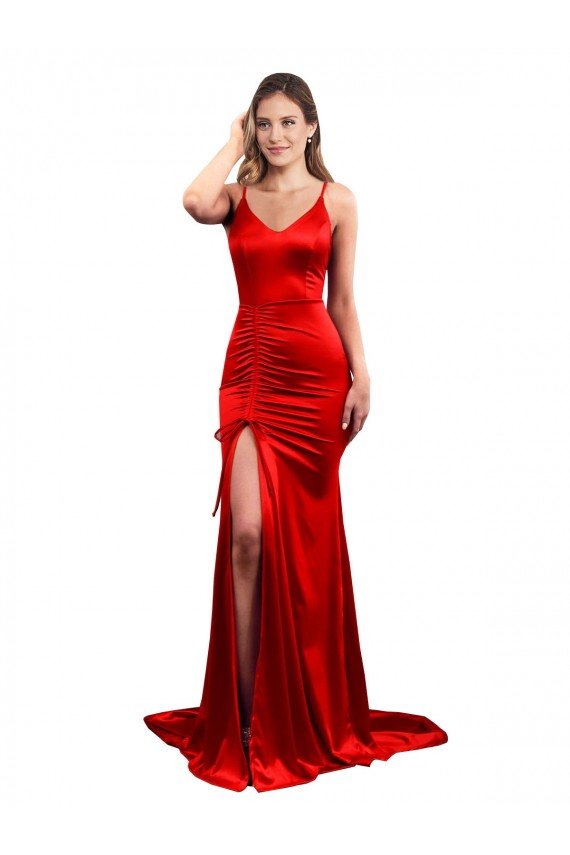 Long Pleated Formal Stretch Satin Bridesmaid Dress / Prom Dress with High Slit