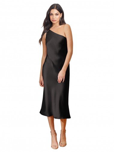 Shop Sleek One Shoulder Midi Length Short Cocktail Formal Stretch Satin Slip Bridesmaid Dress / Prom Dress Sydney