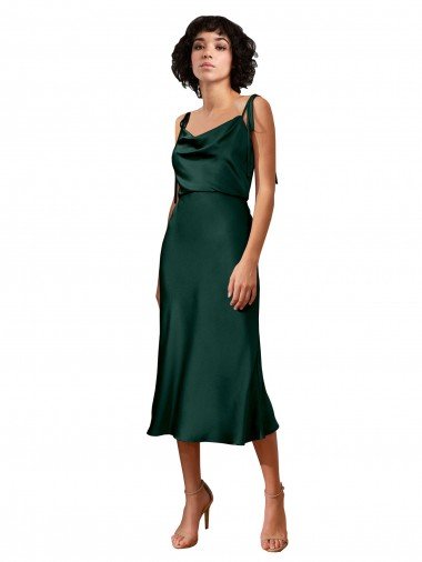 Shop Spaghetti Straps Tie Shoulders Cowl Neck Short Midi Length Formal Stretch Satin Cocktail Bridesmaid Dress / Prom Dress Sydney