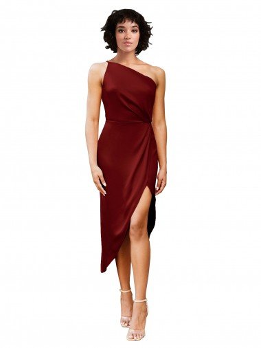 Shop One Shoulder Cocktail Midi Length Short Formal Stretch Satin Wrap Style Bridesmaid Dress / Prom Dress Sydney