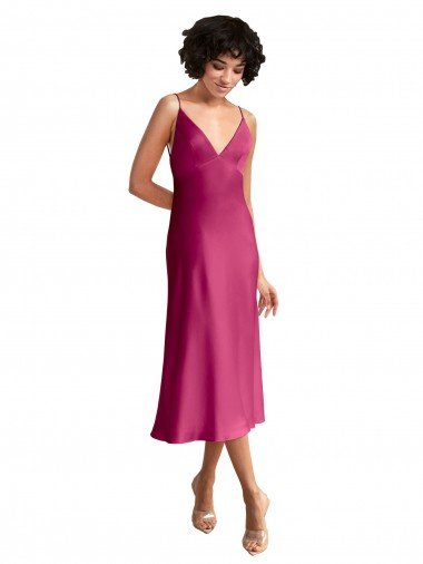 Shop Midi Length V-Neck Short Formal Stretch Satin Bridesmaid Dress / Cocktail Prom Dress with Low Scoop Back Sydney