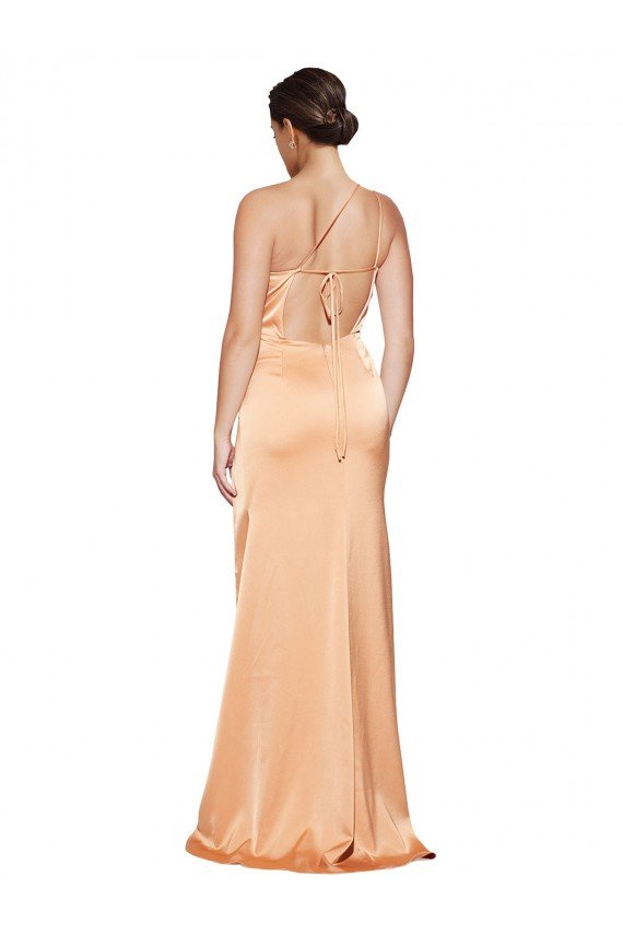 One Shoulder Ruched Formal Stretch Satin Bridesmaid Dress / Prom Dress with Thigh High Split