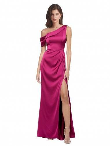 Shop Off the Shoulder Short Sleeves Formal Stretch Satin Bridesmaid Dress / Prom Dress with Side Slit Sydney