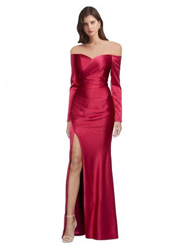 Shop Long Sleeves Off the Shoulder Formal Stretch Satin Bridesmaid Dress / Prom Dress with High Side Split Sydney