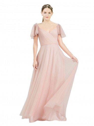 Shop Long V-Neck Flutter Sleeves Tulle Bridesmaid Dress Sydney