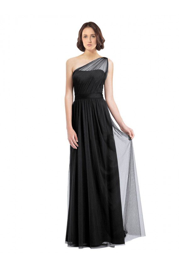 Ruched Long Soft Tulle Bridesmaid Dress with Sheer Netting Shoulder Strap