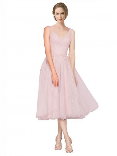 Shop Short Tea Length Wide Strap Plunge Cross Over Neckline Tulle Cocktail Bridesmaid Dress Sydney