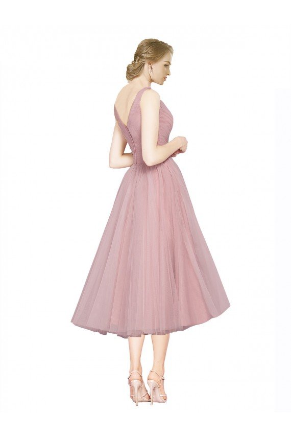 Short Tea Length Wide Strap Plunge Cross Over Neckline Tulle Cocktail Bridesmaid Dress