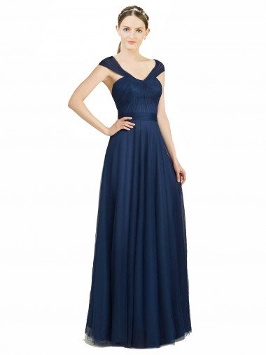 Shop Ruched Sweetheart Long A-Line Tulle Bridesmaid Dress with Wide Straps and Tie Back Sydney