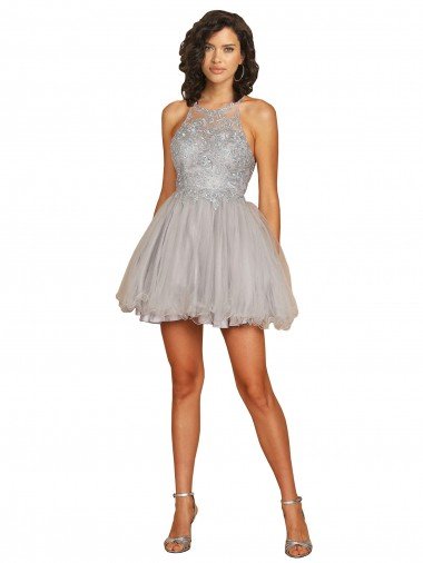 Shop Halter Neckline Criss Cross Back Short Cocktail Dress with Beaded Lace Bodice Sydney