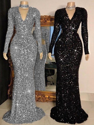 Shop V-Neck Long Sleeves Long Sweep Train Velvet Sequin Prom Dress Sydney