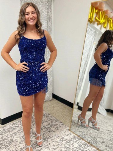 Shop Spaghetti Straps Backless Sleeveless Short Velvet Sequin Homecoming Dress / Prom Dress Sydney