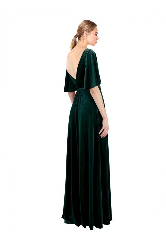 Deep V-Neck Flutter Sleeves Long Velvet Wrap Bridesmaid Dress / Prom Dress