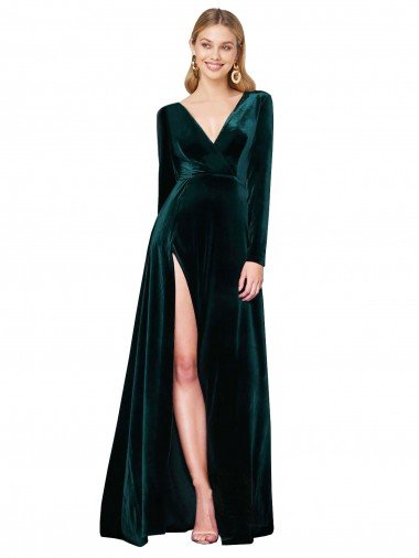 Shop Deep V-Neck Long Sleeves Formal Velvet Bridesmaid Dress / Prom Dress with High Side Split Sydney