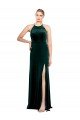 Long Jewel Neck Full Length Velvet Bridesmaid Dress / Prom Dress with Side Slit