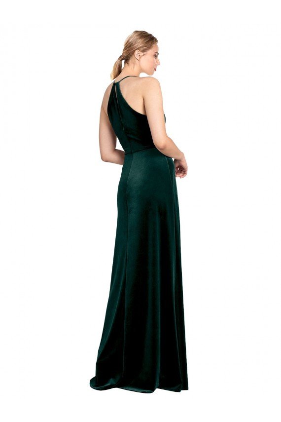 Long Jewel Neck Full Length Velvet Bridesmaid Dress / Prom Dress with Side Slit