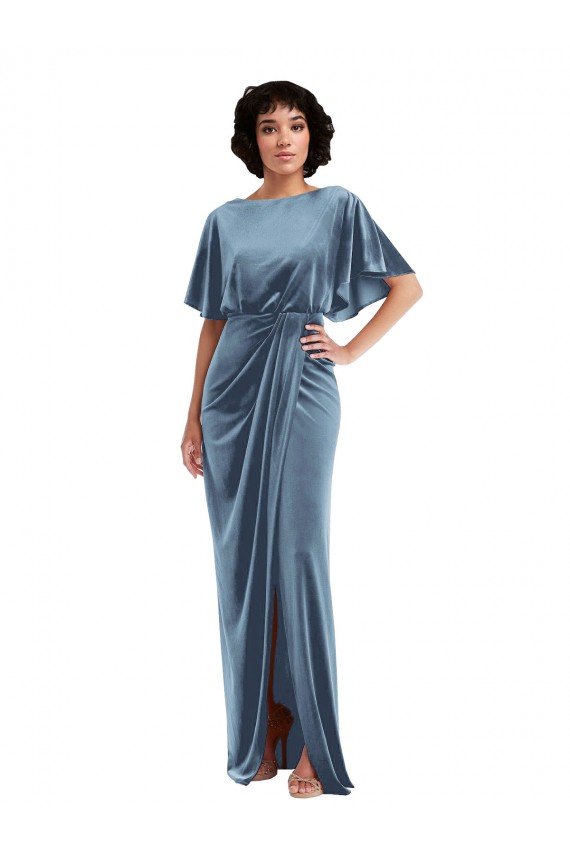 Flutter Sleeve Open Back Velvet Maxi Bridesmaid Dress / Prom Dress with Draped Wrap Skirt