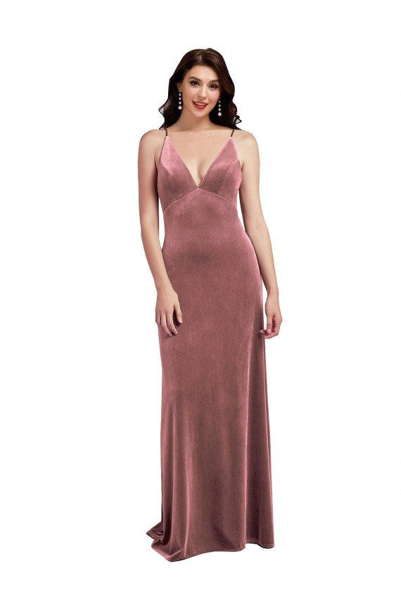 Low Scoop Back Long V-Neck Formal Velvet Slip Bridesmaid Dress / Prom Dress