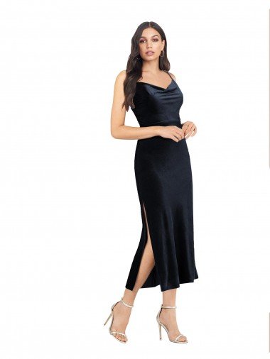 Shop Midi Cocktail Length Formal Velvet Bridesmaid Dress / Prom Dress with Cowl Neck and Spaghetti Straps Sydney