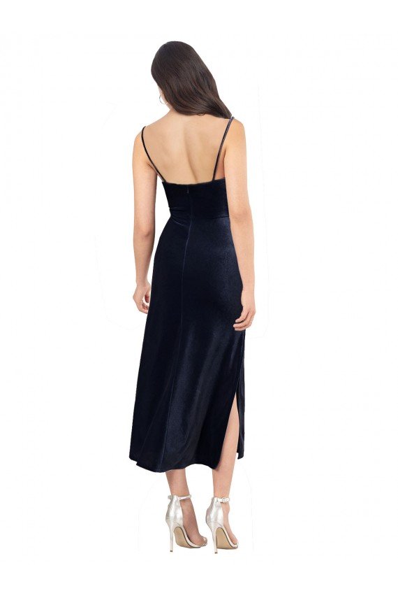 Midi Cocktail Length Formal Velvet Bridesmaid Dress / Prom Dress with Cowl Neck and Spaghetti Straps