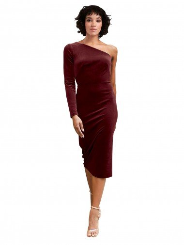 Shop One Shoulder Fitted Short Midi Length Velvet Bridesmaid Dress / Prom Dress Sydney