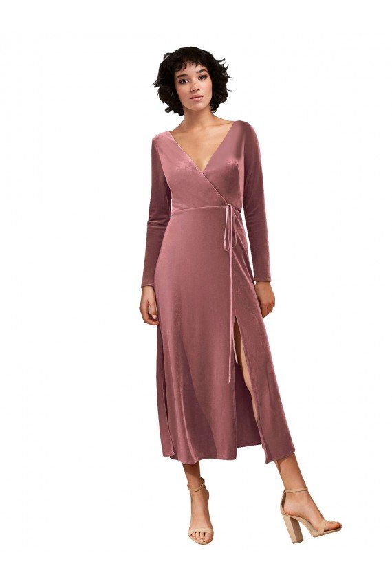 Long Sleeve Velvet Faux Wrap Midi Length Bridesmaid Dress / Prom Dress