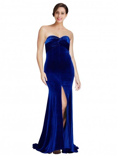 Shop Strapless Ruched Formal Velvet Bridesmaid Dress / Prom Dress with Sweep Train and Front Slit Sydney