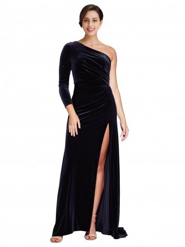 Shop One Sleeve Long Formal Velvet Bridesmaid Dress / Prom Dress with Thigh High Split Sydney