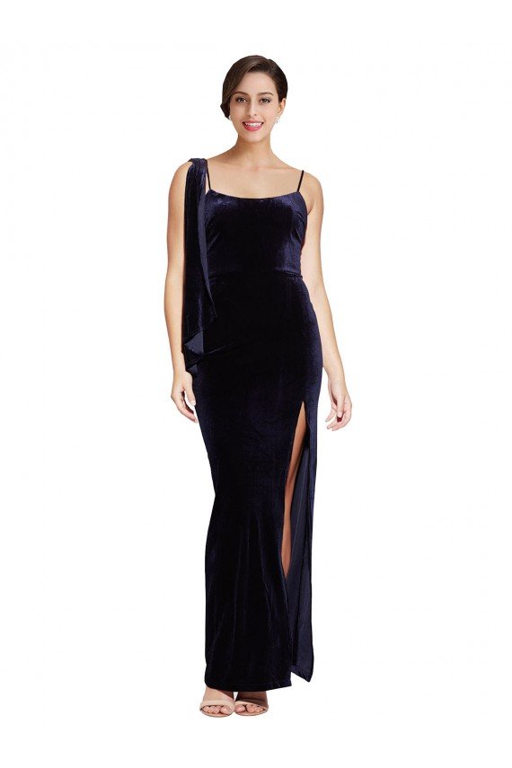 Long Formal Velvet Bridesmaid Dress / Prom Dress with Side Thigh Split and Shoulder Tie